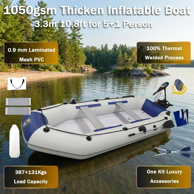 0 Kleber 100% Wärmeverschweißungsprozess 3,3 m 5-Personen Aufblasbares Boot Luftdeckboden PVC Angelkajak für Familien-Wasserspaß