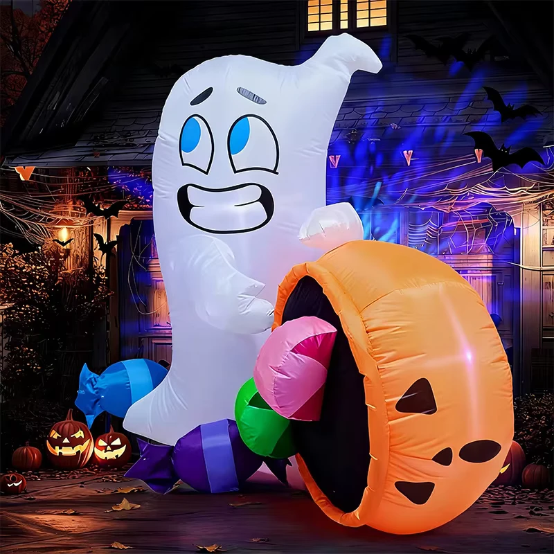 Fantasma gonfiabile di Halloween da 1,5 metri, secchio di zucca colorato con luci LED, decorazione da giardino all'aperto