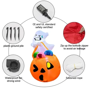 1.5-meter Halloween Inflatable Ghost with Pumpkin Bucket Colorful Candy Outdoor Yard Decoration with LED Lights Model 21208A-A