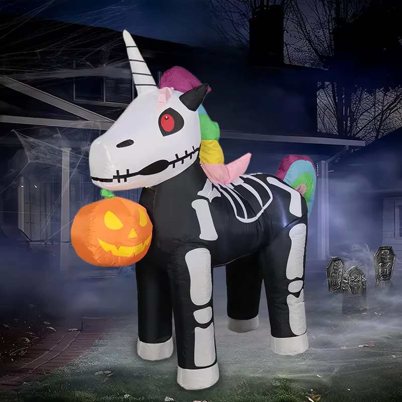 Modèle gonflable de citrouille d'Halloween de 1,5 m 25317, décoration de jardin LED avec squelette coloré et licorne