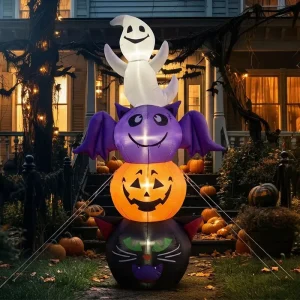 1.8メートル ハロウィン インフレータブルゴースト バット ブラックキャット カボチャ スタッカブルモデル LEDライト 屋外庭パーティー装飾