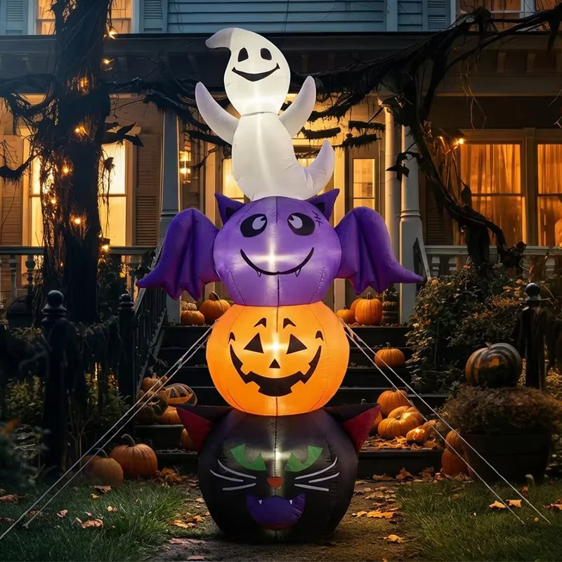 1.8-meter Halloween Inflatable Ghost Bat Black Cat Pumpkin Stackable Model LED Lights Outdoor Yard Party Decoration