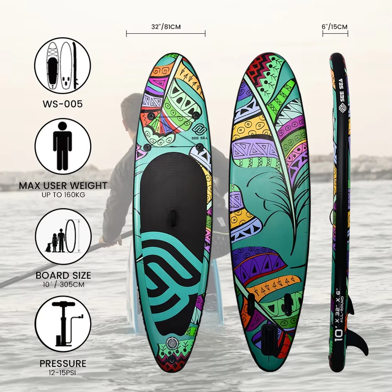 10'*32"*6" Papan Dayung Inflatable ISUP Bundel, Paddle Aluminium, Pompa, Fin, Papan Yoga, Memancing