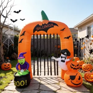 Cổng bí ngô khổng lồ 10 FT cho Halloween, trang trí sân vườn ngoài trời với đèn LED cho tiệc và ngày lễ