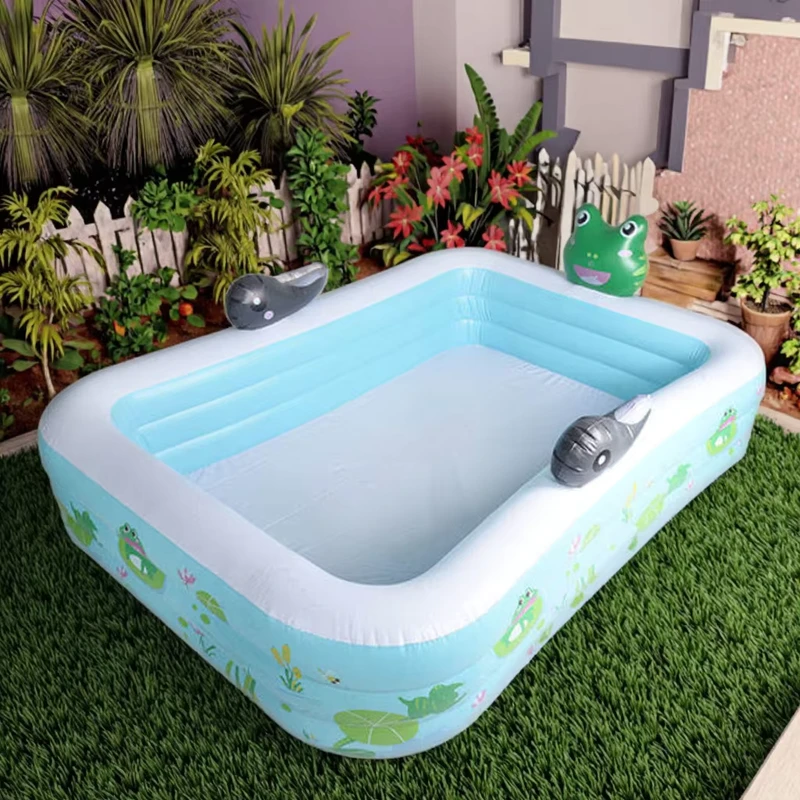 Kolam Renang PVC Inflatable Persegi Panjang 10 FT dengan Sprinkler Kodok untuk Keluarga & Anak-anak, Penggunaan Luar Ruangan
