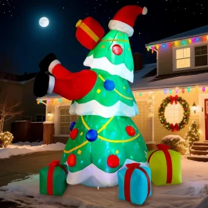 10 FT Tall Christmas Tree Decorations with Built-in LED Lights Santa Claus Design 4 Gift Boxes for Outdoor Indoor Holiday Use