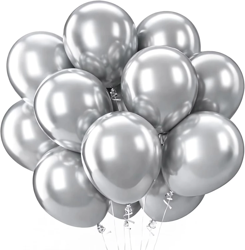 100 Buah Balon Lateks Chrome Perak Bulat 12 Inci untuk Pesta Ulang Tahun, Pernikahan, Anniversary, dan Wisuda