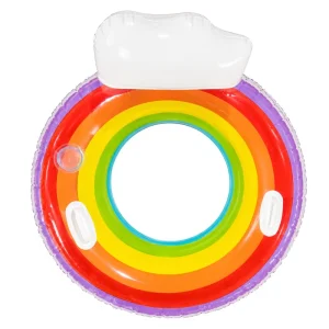 100cm Inflatable Rainbow Swim Ring with Backrest Cup Holder Adult Pool Float Tube for Beach Swimming Pool Summer Water Fun
