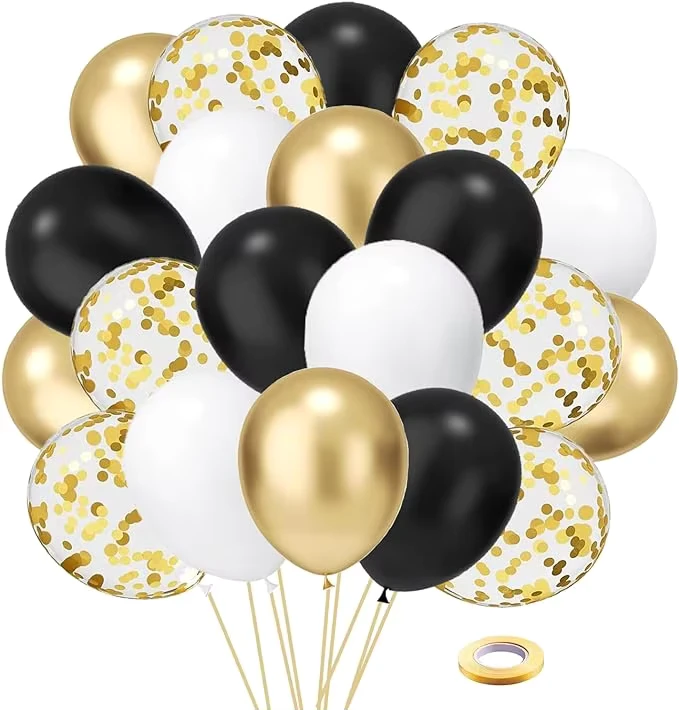 Set di palloncini bianchi in lattice con coriandoli neri e dorati da 12 pollici con nastro dorato per lauree, matrimoni e feste di compleanno