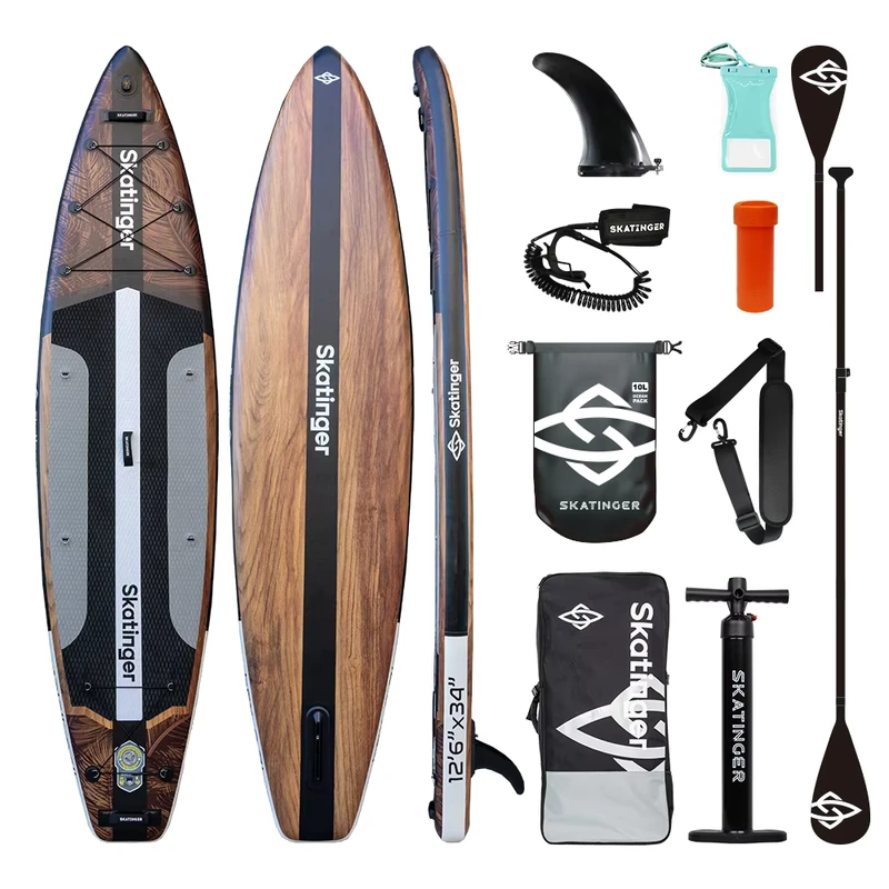 SUP แบบพองได้ ขนาด 12'6" ดีไซน์ไม้ แพดเดิลบอร์ดสำหรับเซิร์ฟบอร์ด แบบดรอปสติช
