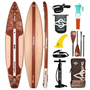 12’6”x34” Inflatable SUP Stand up Paddle Board All Around Wood Grain Drop Stitch Paddleboard with Accessories OEM Factory