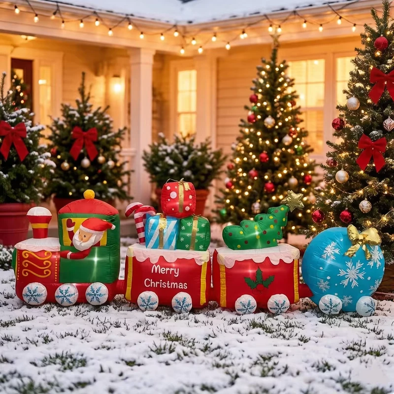 12FT Fabrik Weihnachts Aufblasbarer Polyester Weihnachtsmann Zug Set Geschenkkisten Baum Schneeball Räder LED beleuchtete Außenhofdekoration