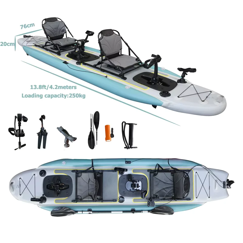 13.8ft Inflatable Tandem Dual System Propeller Pedal Drive Kayak Fins Fishing Double Seats Boat 2 Person Kajak 4.2m PVC Canoe