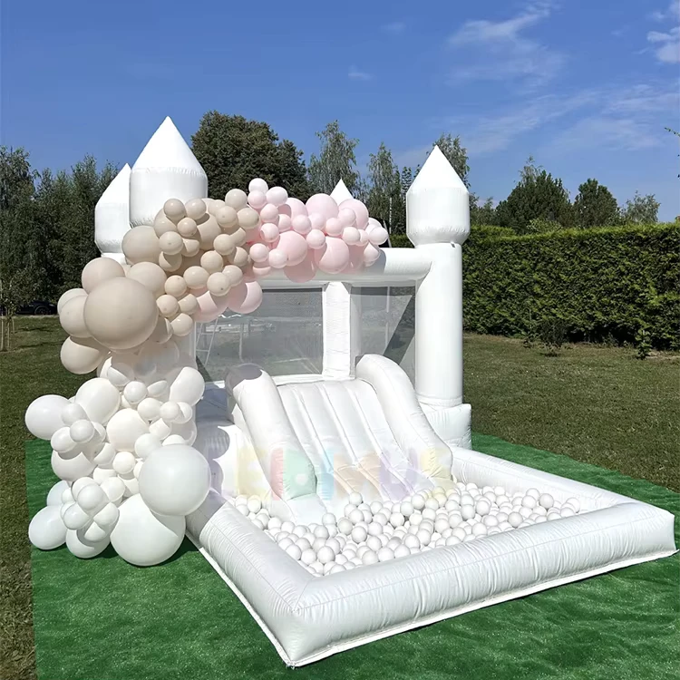 Castillo hinchable blanco de 13'X10' con tobogán, casa de rebote comercial para bodas y fiestas con piscina de bolas y tobogán