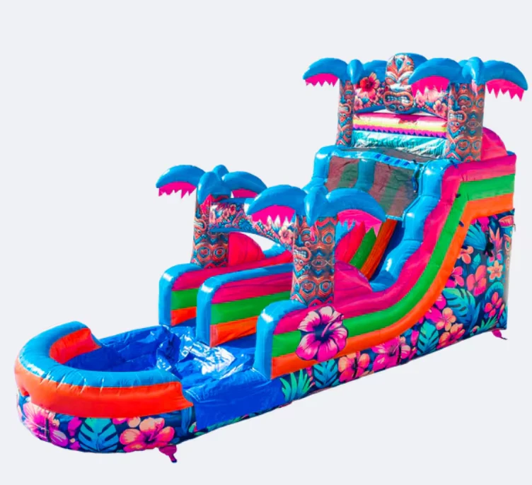 Tobogán Inflable Tiki Aloha Splash de Hibisco Hawaiano de 14FT con Piscina para Niños - Casa de Juegos Comercial