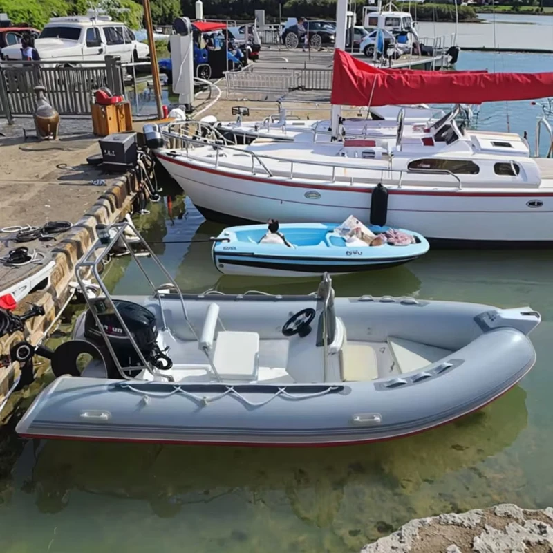 Barca Rigida Gonfiabile RIB da 14FT con Motore Fuoribordo, Vascello da Pesca Sportivo e Set Combo con Scafo in Fibra di Vetro