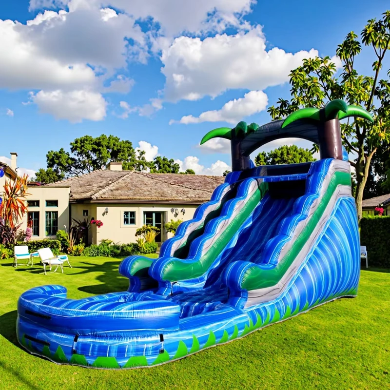 Toboggan aquatique gonflable tropical de 15 pieds Château gonflable Toboggan piscine gonflable Toboggan palmier