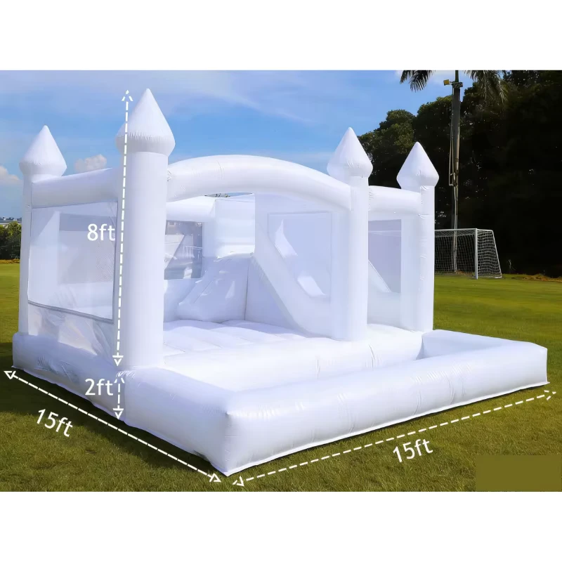 Castillo inflable grande de 15 pies en color blanco con tobogán, estilo castillo, inflable para bodas, fiestas y alquileres de eventos