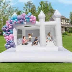 บ้านกระโดดแบบพอง PVC ขาวเชิงพาณิชย์ ขนาด 15x15x10 ฟุต พร้อมสไลด์และบ่อบอล สำหรับเด็กและผู้ใหญ่ งานวันเกิด งานแต่งงาน ปาร์ตี้