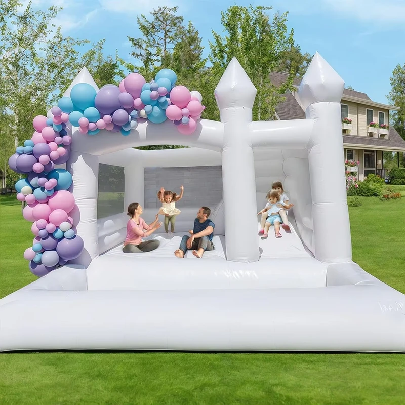 15x15x10FT 상업용 PVC 흰색 인플레이터블 바운스 하우스 콤보, 슬라이드 볼 풀 포함, 어린이 및 성인 생일 결혼식 파티용
