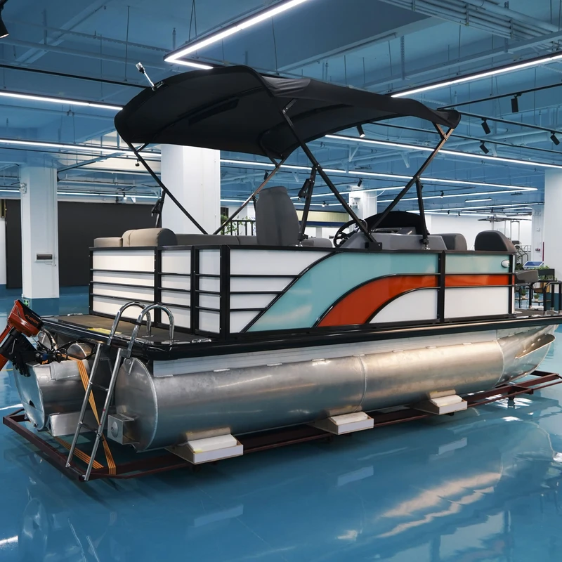 Barco pontón de fibra de vidrio de 16 pies con sistema de propulsión a chorro eléctrico y motor fuera de borda para entretenimiento
