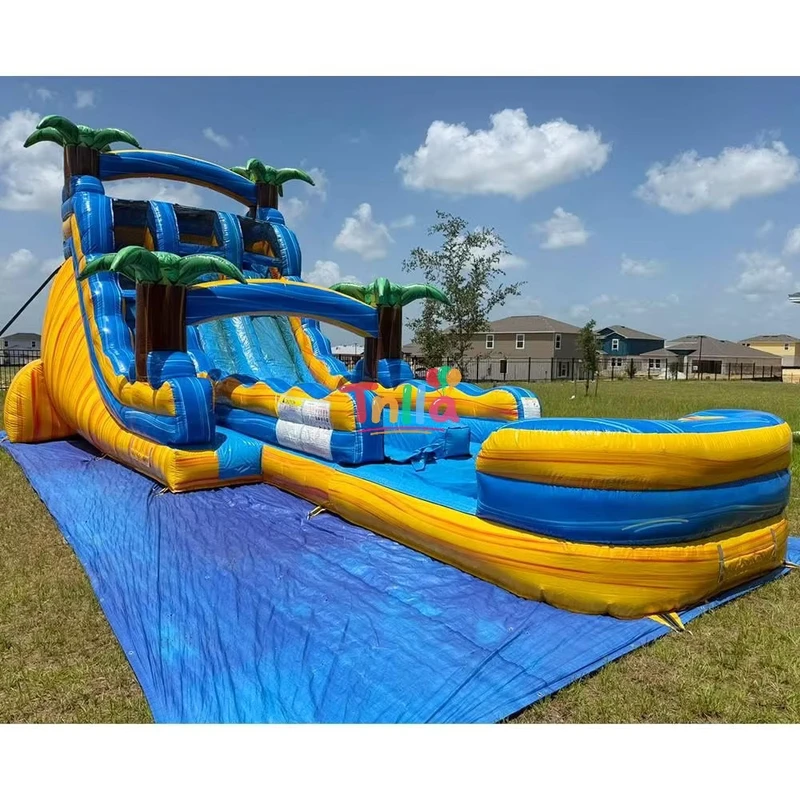 Cầu trượt bơm hơi khổng lồ hình cây cọ 18ft cho người lớn và trẻ em, cầu trượt nước bơm hơi cho kinh doanh cho thuê