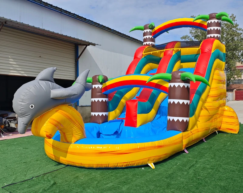 Tobogán Inflable de Agua con Diseño de Palma de Mármol Amarillo de 18 pies, PVC, Alquiler para Fiestas, Incluye Accesorio de Soplador, 3 Años, 400kg