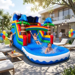 Cầu trượt nước bơm hơi PVC 19.7FT có bể bơi, cầu vồng cá heo cho trẻ em, sân sau nhà mùa hè ngoài trời