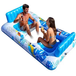 Flutuador de Piscina Insuflável para 2 Pessoas Adultas em PVC 87x44" Grande Lounger de Bronzeamento com Suportes para Copos e Telemóveis de Alta Resistência