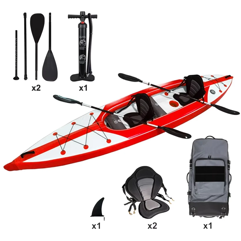 2 Persoons Drop Stitch Opblaasbare Visserskajak PVC Zeildoek Zit in Tandem Lange Oceaan Kajak 180kg Capaciteit Fabrieks Aangepast