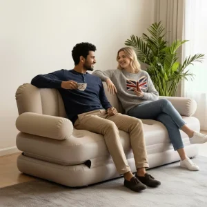 2 Person Flocked Inflatable Sofa Bed PVC Material Foldable Double Inflatable Couch Air Sofa Bed for Bedroom Outdoor Camping
