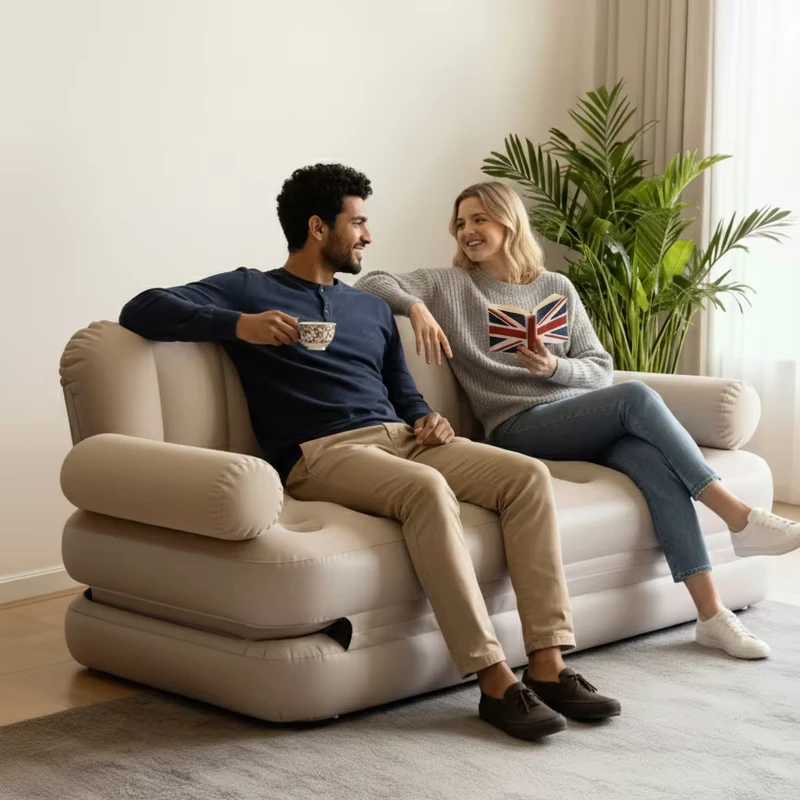 Divano Letto Gonfiabile Foderato per 2 Persone in PVC, Materiale Pieghevole, Divano Gonfiabile Doppio per Camera da Letto e Campeggio Esterno