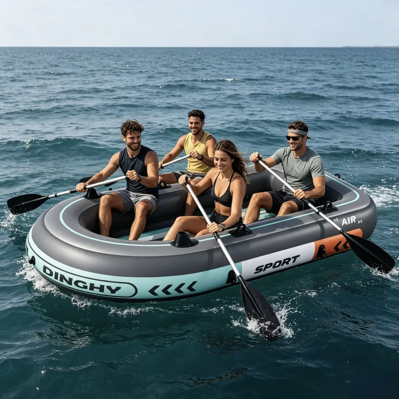 Kayak gonflable cyan complet pour 2 à 4 personnes, bateau en PVC épaissi, bateau d'assaut rehaussé, bateau en caoutchouc, package complet