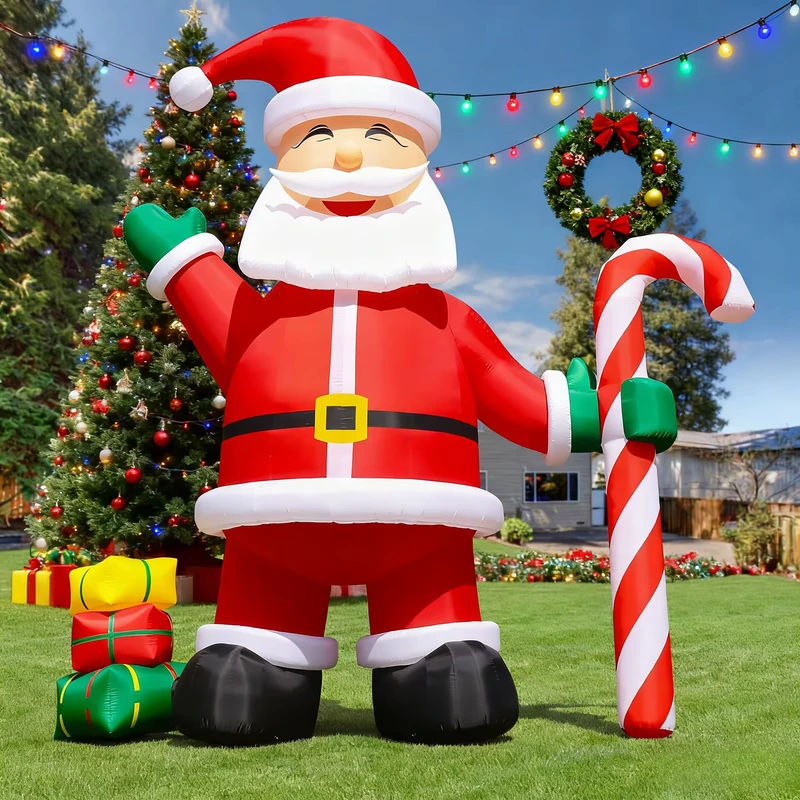 Ông già Noel nhồi hơi Giáng sinh 20 26 33 40FT với cây kẹo & hộp quà, trang trí ông già Noel khổng lồ ngoài trời
