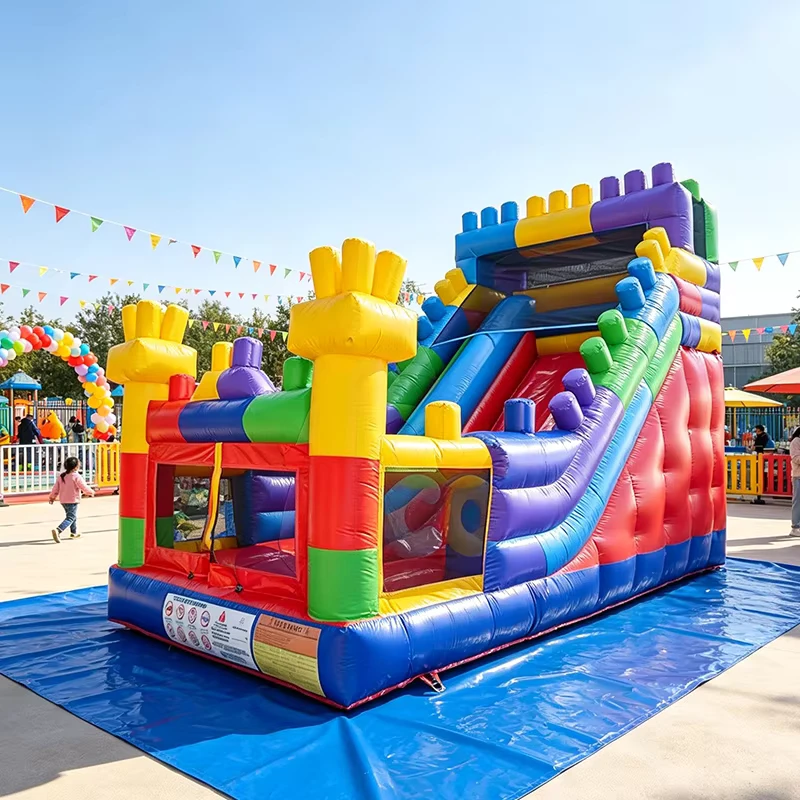 Resbaladilla Inflable de 20FT con Tema de Bloques de Construcción con Pared de Escalada, Casa de Rebote Comercial para Alquiler de Fiestas Infantiles y Eventos al Aire Libre