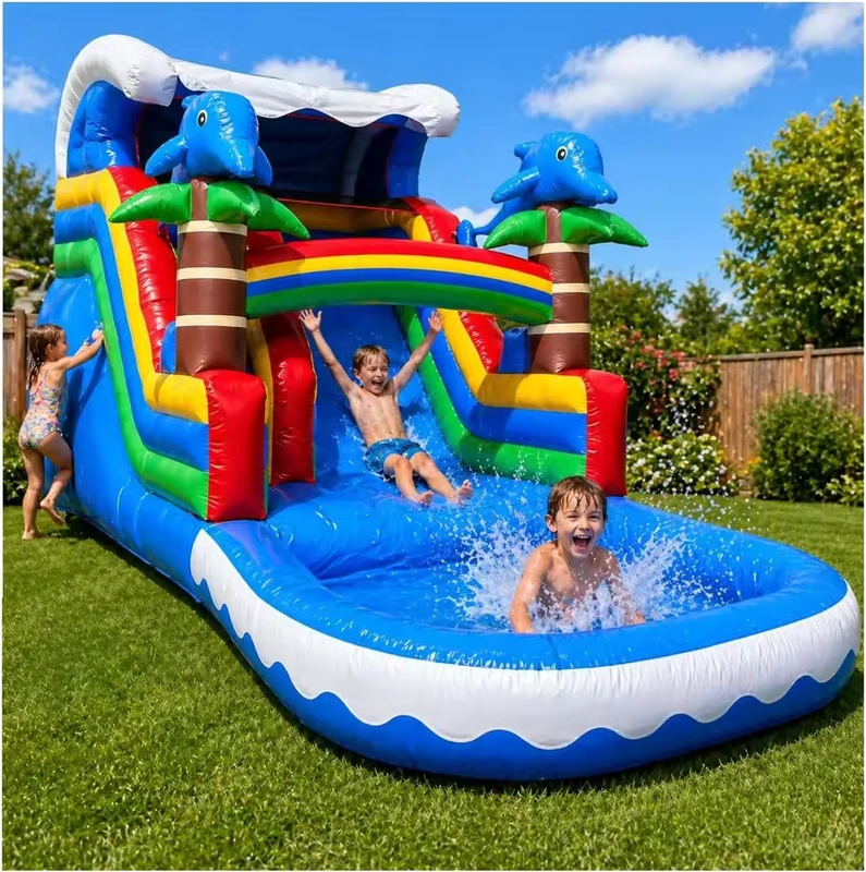 21FT Tropical Inflatable Outdoor Water Slide with Pool Rainbow Dolphin Commercial Kids Backyard PVC Slide