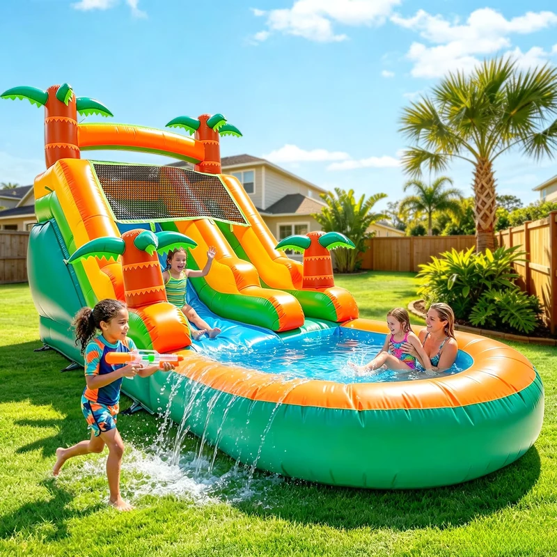 21x9x12FT Inflatable Water Slide Tropical Palm Tree Summer Party Fun Outdoor Backyard Inflatable Slide for Family Event