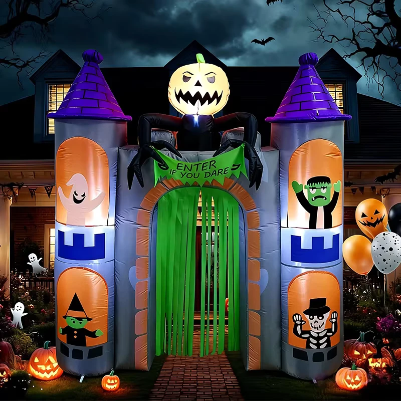 Castelo Assombrado Inflável de Halloween de 24 metros com Arco de Abóbora e Luzes LED para Decoração de Pátio Exterior