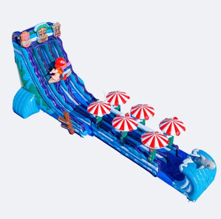 Toboggan Tiki Tovi à double voie de 27 pieds avec glissade tropicale, toboggan sec/humide avec piscine à éclaboussures et zone de saut & ombre de parasol