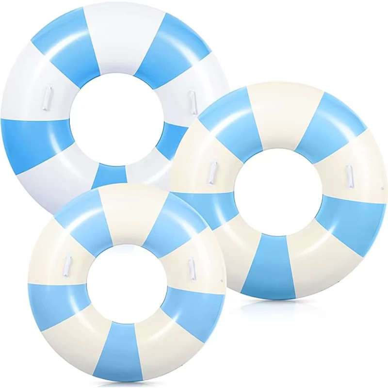 Set van 3 Stuks Zomer Strand Zwemring met Handvatten, Opblaasbare Binnenband, Klassieke Gestreepte Zwemring voor Volwassenen en Tieners