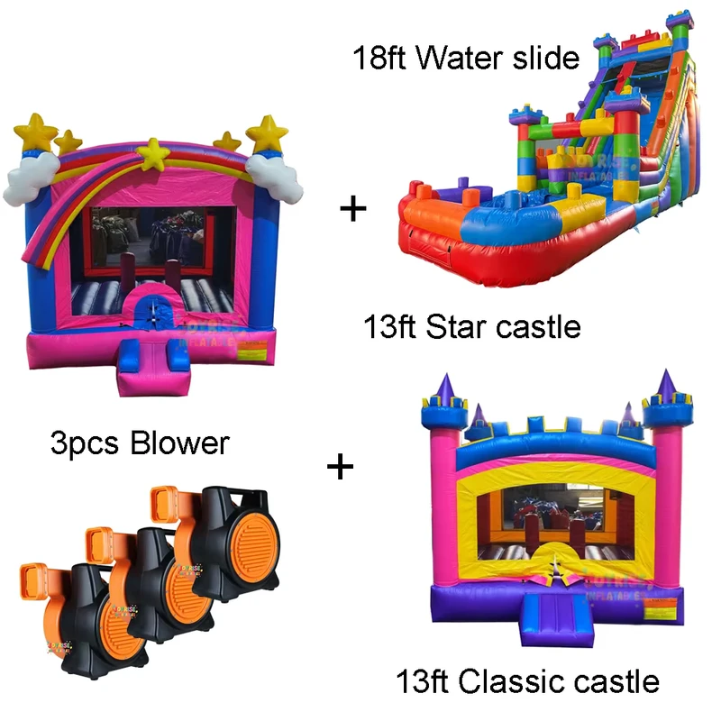 Paket Penawaran 3 Buah, Kastil Bouncy Inflatable Tinggi 18ft dengan Kombinasi Seluncur Air, Penggunaan Komersial, Kapasitas 500KG, 3 Tahun