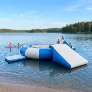 Trampolin Air Inflatable 3 dalam 1 dengan Seluncuran & Platform Bouncer Terapung untuk Pesta Kolam Air Danau