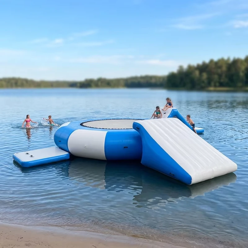 3 in 1 Inflatable Water Trampoline with Slide & Platform Floating Bouncer Combo for Lake Pool Water Park Parties