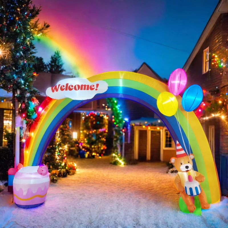 Cổng Cầu Vồng Inflatable 3.3M Trang Trí Ngày Lễ với Gấu và Bánh Sinh Nhật Có Đèn LED Tích Hợp
