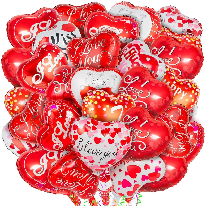 36 Red Heart Balloons 18inch Happy Valentine’s Day I Love You Aluminum Foil Printed Glossy Wedding Anniversary Night Party Decor