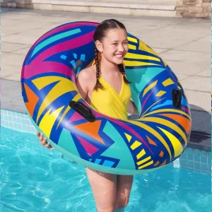 36228 PVC Inflatable Swimming Ring Yellow Blue Portable Foldable Lightweight Adults Children Pool Accessories