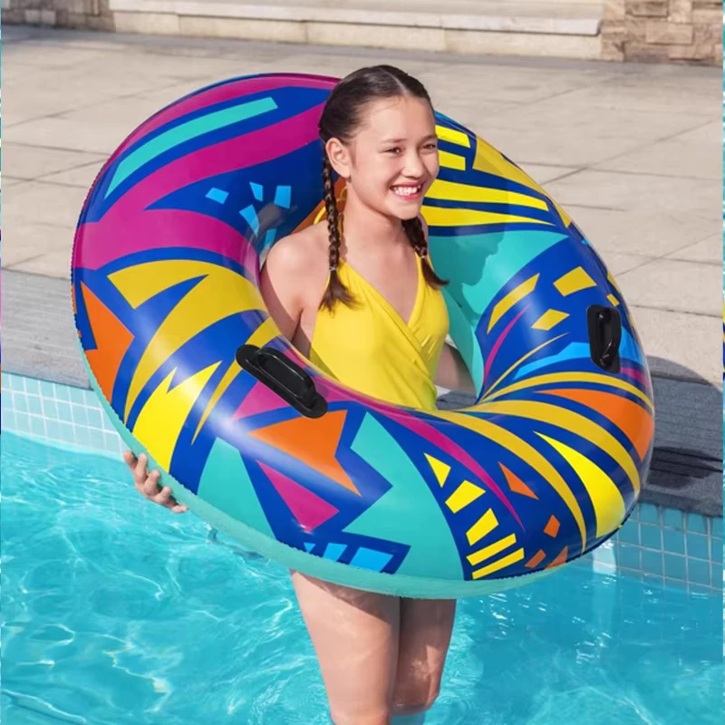 36228 Cincin Renang Inflatable PVC Kuning Biru, Portabel, Lipat, Ringan, Aksesori Kolam untuk Dewasa dan Anak-anak