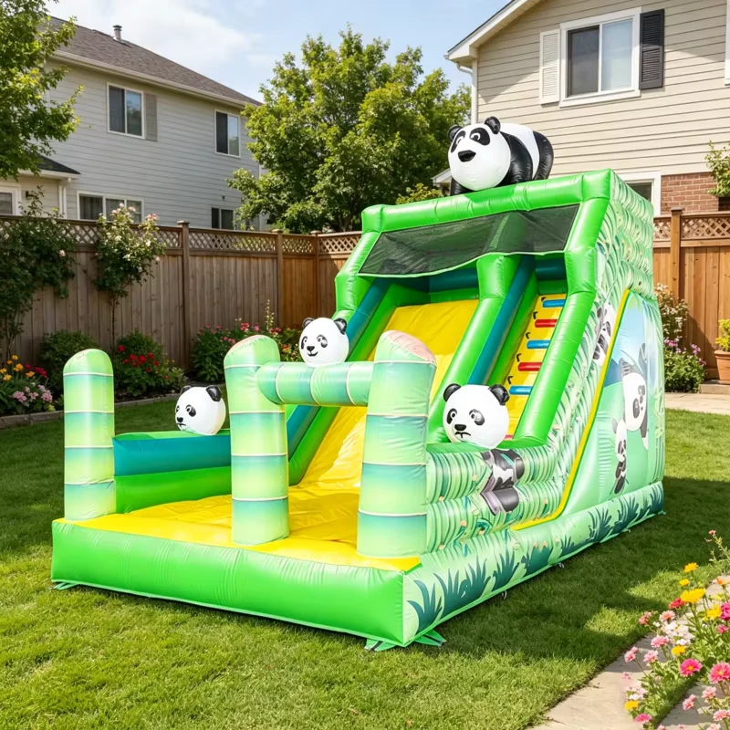3D Panda Bamboo Jungle Inflatable Combo Bouncer with Slide Heavy Duty PVC Kids Outdoor Jumping House for Backyard