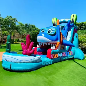 3D Shark Design Single Lane Water Slide Inflatable Water Slide with Pool Outdoor Kids Water Playground for Summer Water Fun