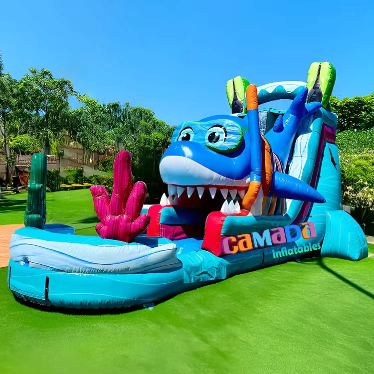 3D Haai Ontwerp Enkelbaan Waterglijbaan Opblaasbare Waterglijbaan met Zwembad Buiten Kinderen Water Speelplaats voor Zomer Waterplezier
